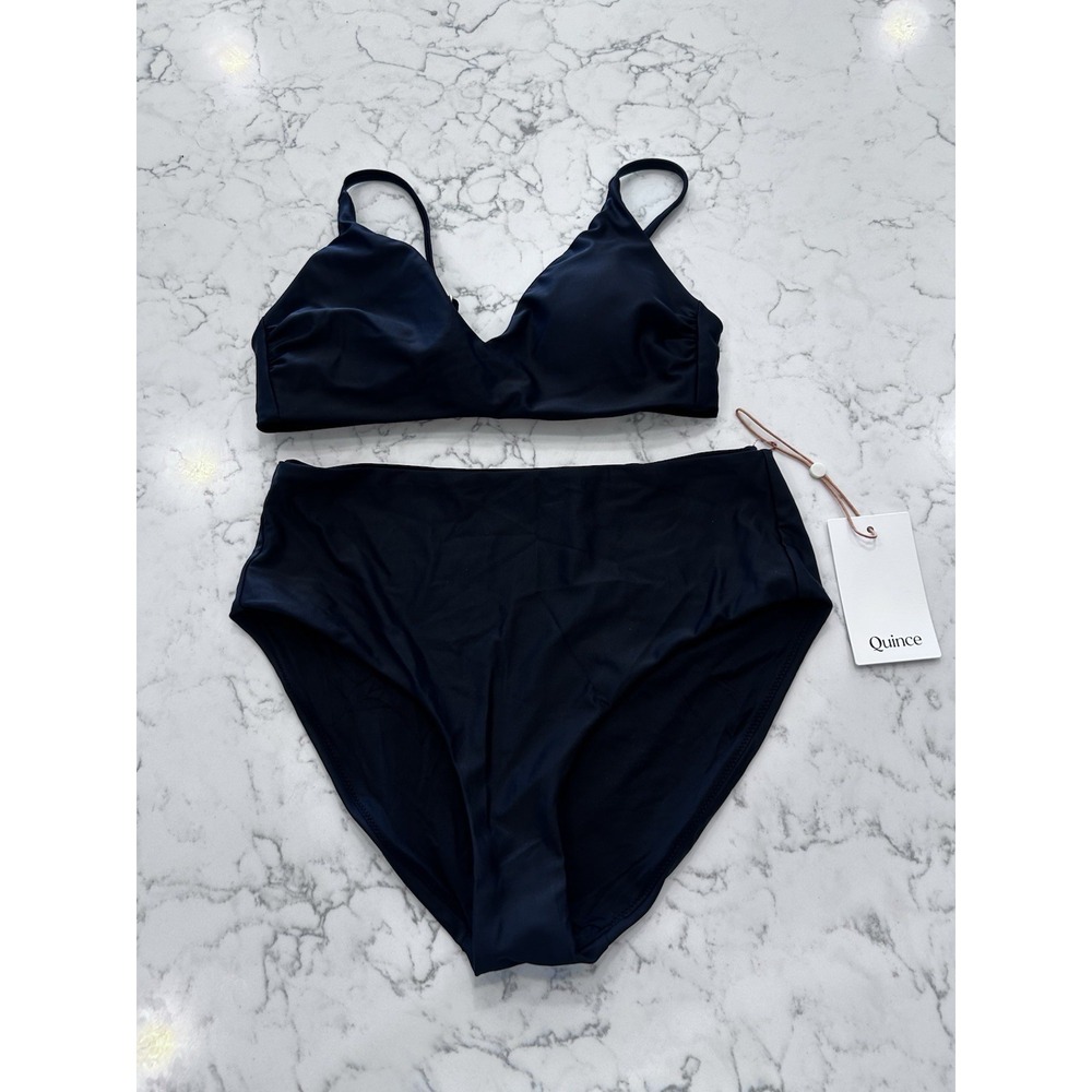 New Quince Black Italian V Neck Bikini Top & High Rise Bottom Set Size XS